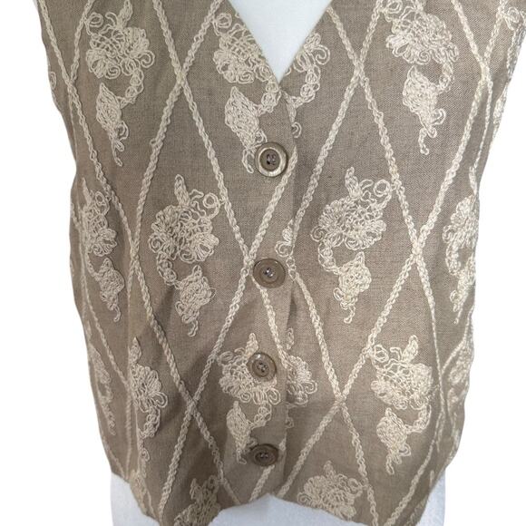 Vintage Express Embroidered Vest M Linen Blend Beige Diamond Floral USA - Picture 4 of 8